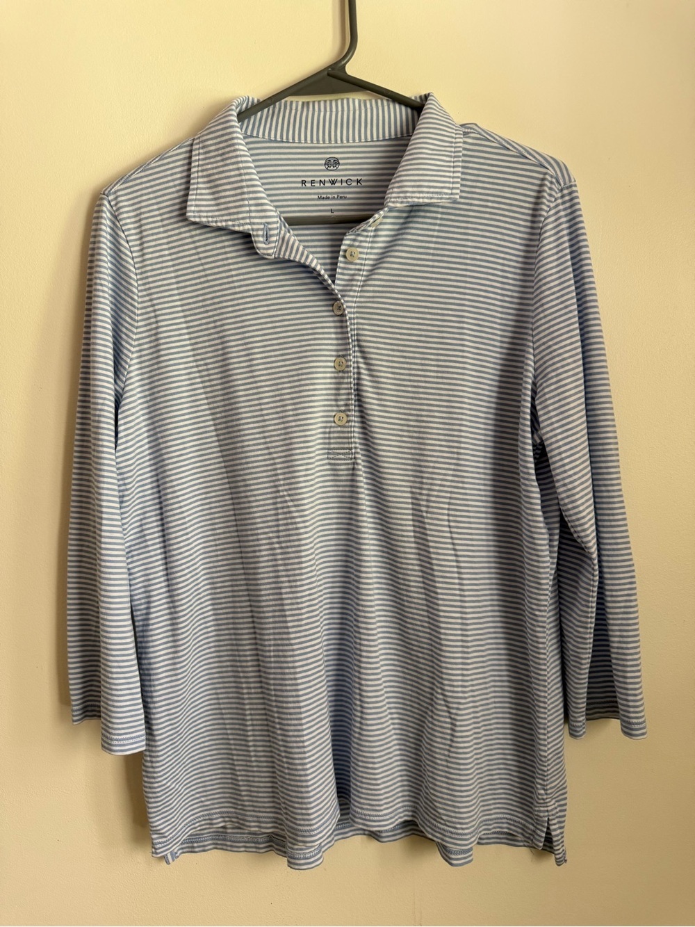 Renwick Pima Cotton Striped Polo Top Women's Large Blue White Long Sleeve Golf
